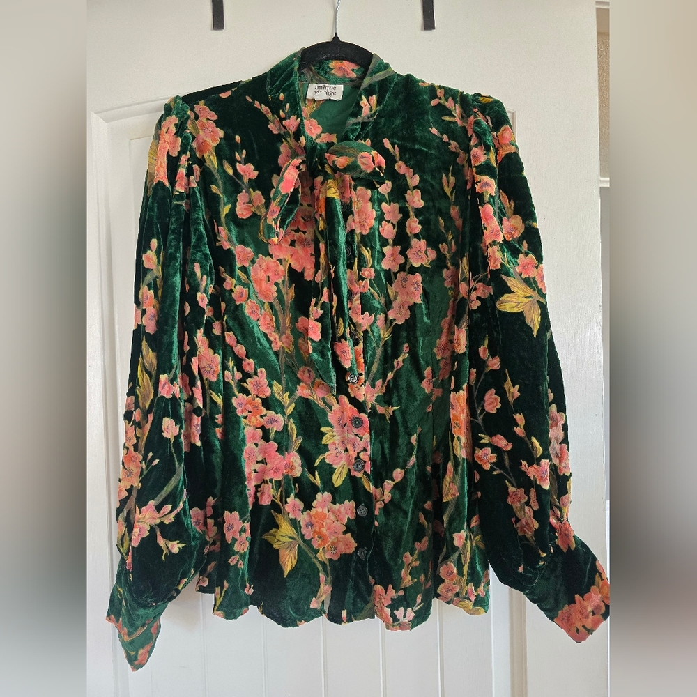 Unique Vintage Green Floral Velvet And Mesh Blouse NWOT